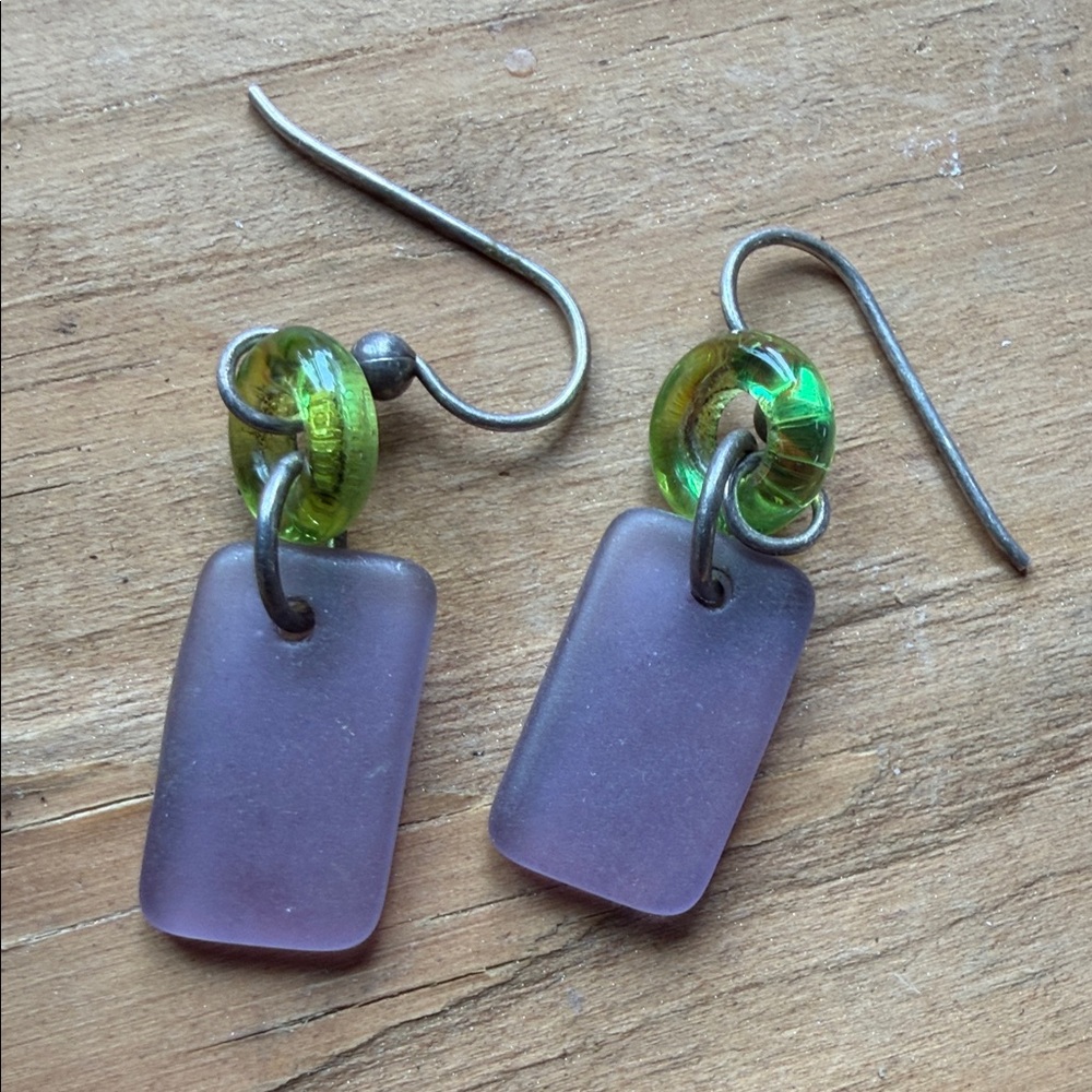 Handcrafted Purple Frosted Glass Drop Earrings with Green Accent Beads